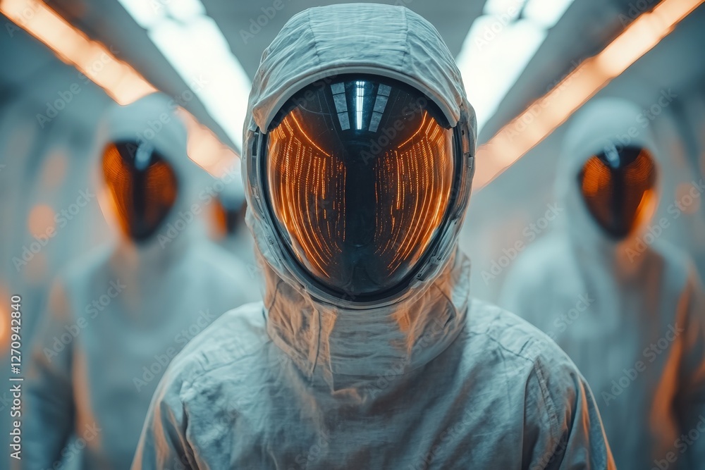 Poster futuristic astronauts in high-tech suits exploring a spacecraft environment