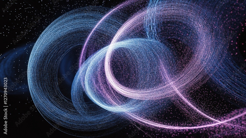 Poster a seamless particle animation featuring spirals of light and tiny sparkles moving harmoniously, idea