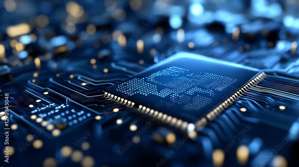 Leinwandbilder closeup view of advanced computer processor chip on circuit board with blue lights : generative ai