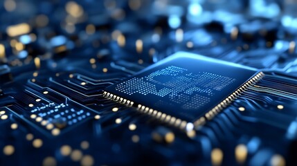 Closeup view of advanced computer processor chip on circuit board with blue lights : Generative AI