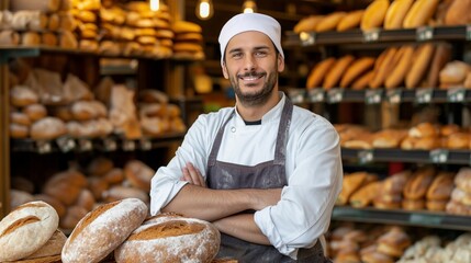Male artisan baker with freshly baked bread portrait image. Bakery professional in white uniform and apron picture photorealistic photography. Bakeshop. Bakehouse concept photo realistic