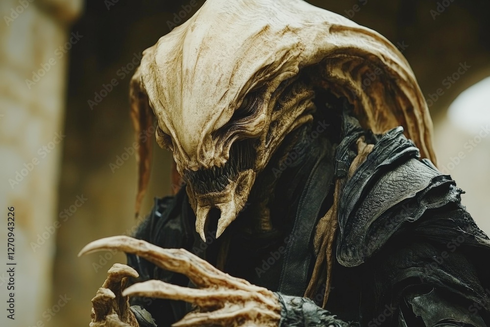 Poster unique creature model dressed in dark attire posed in an ancient stone setting during early evening 