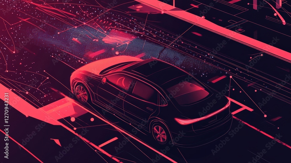 Poster a self-driving car equipped with ai, using sensors and cameras to navigate roads, detect obstacles, 