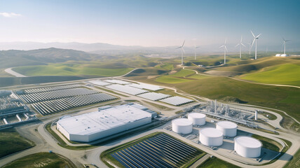 再生可能エネルギーを利用した水素生成施設のパノラマビュー、未来のクリーンパワー