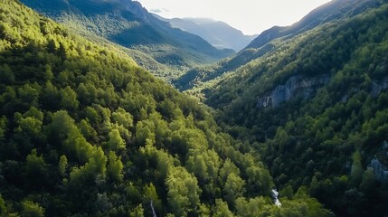 Obraz premium Aerial view of lush green valley surrounded by mountains under clear blue sky : Generative AI