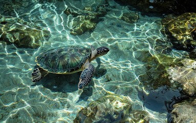 Obraz premium A green sea turtle gliding through crystal-clear water