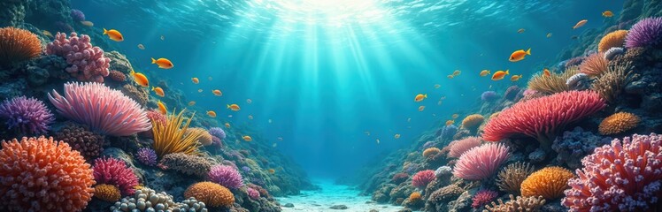 Fototapeta premium Underwater shot tropical coral reef with vivid corals, small fishes. Marine life thrives in turquoise water, creating abstract nature background. Beautiful coral garden on ocean floor in tropics.
