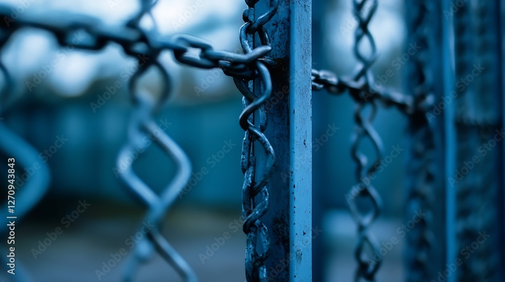 Aufkleber detailed view of a heavy chain link fence illustrating security and confinement with blue tint : gen