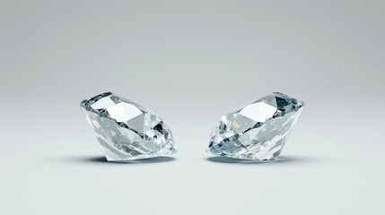 Two Clear Faceted Diamonds on White Background