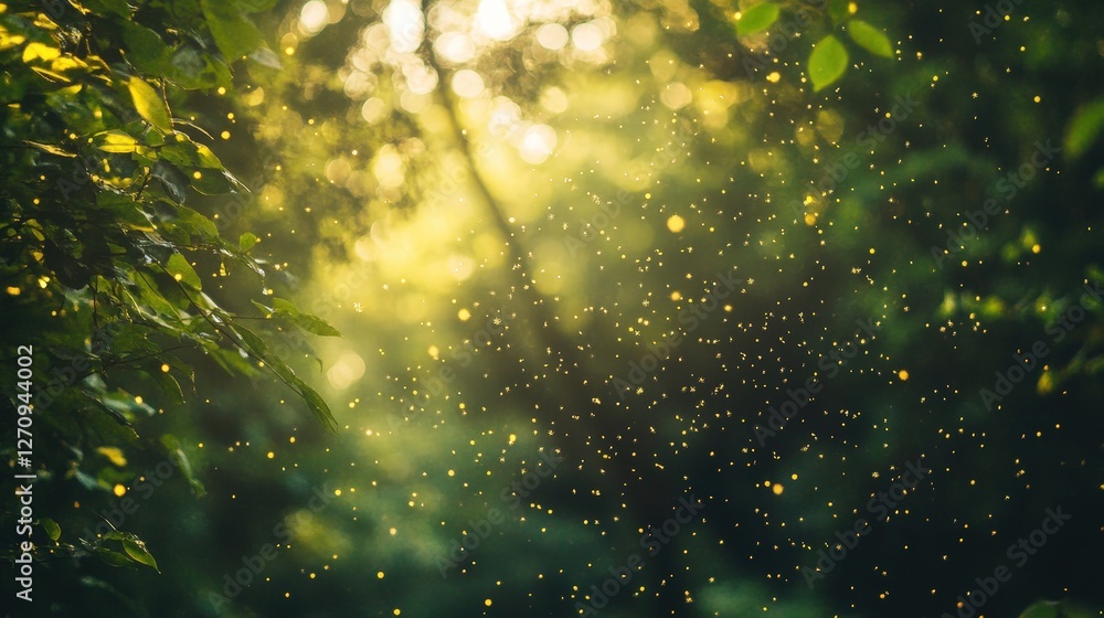 Poster a serene environment featuring particles that look like floating pollen, softly illuminated by sunli
