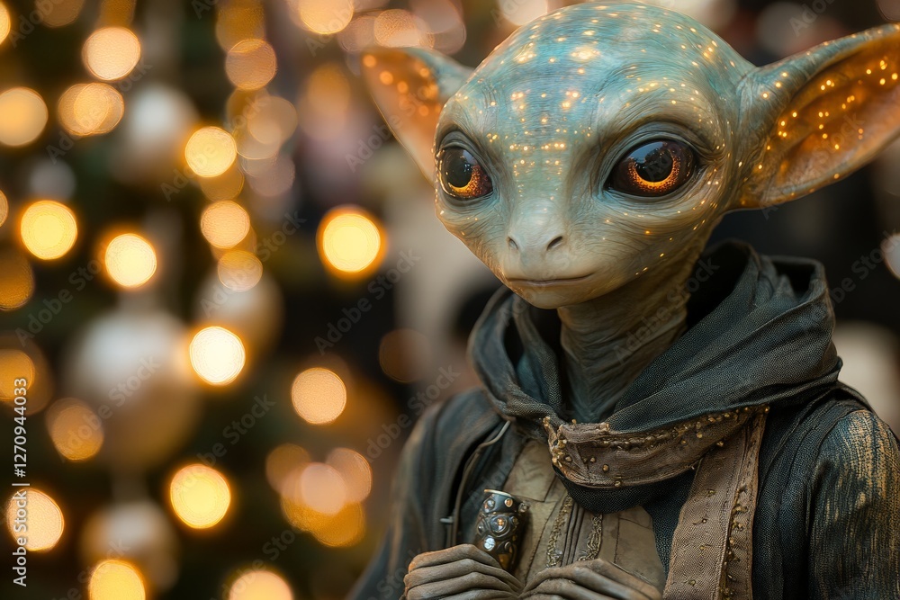 Poster unique alien character with large eyes stands in front of a festive backdrop of blurred lights durin