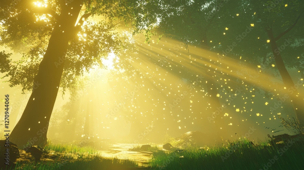 Poster a serene environment featuring particles that look like floating pollen, softly illuminated by sunli
