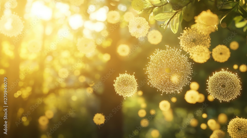 Poster a serene environment featuring particles that look like floating pollen, softly illuminated by sunli
