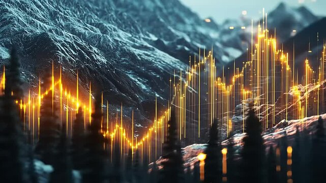 Stunning mountain landscape with glowing financial data visualization overlay illustrating market trends