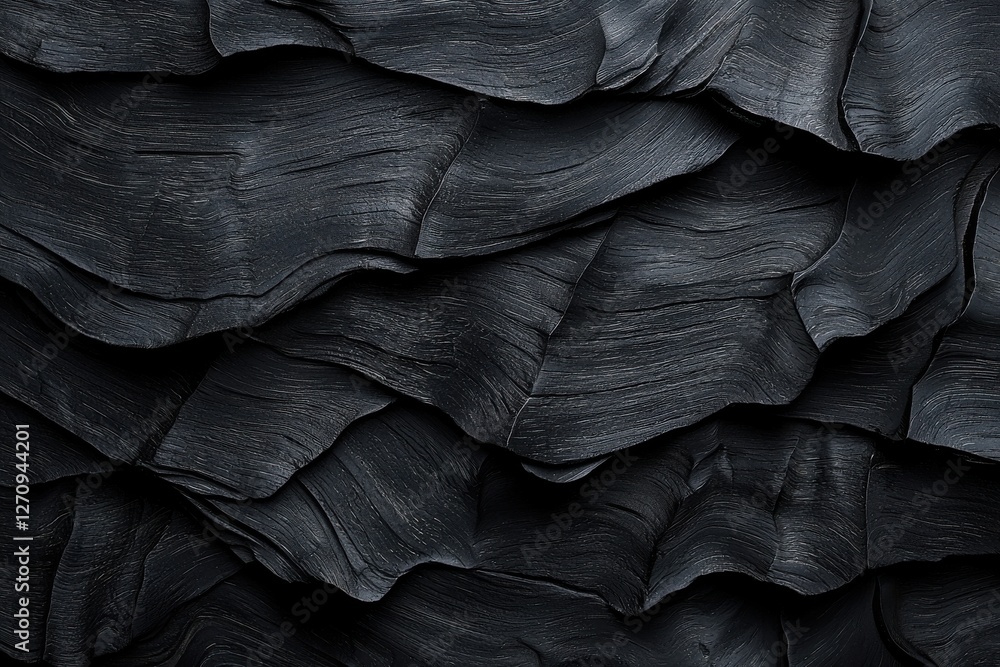 Poster a textured dark surface with layered, wave-like patterns creating a dramatic and organic effect, ide