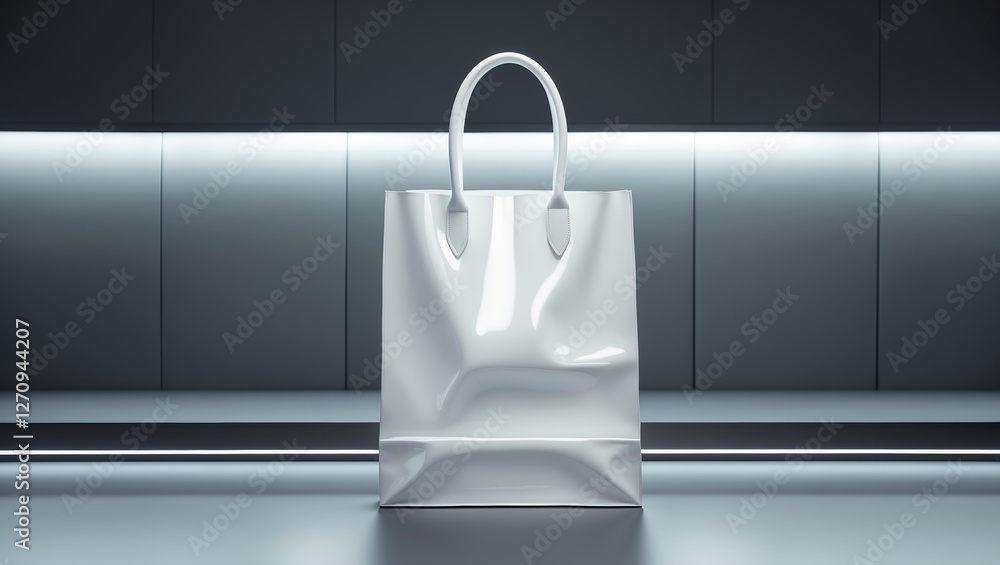 Poster modern white shopping bag displayed on a sleek surface with subtle lighting in a minimalist setting
