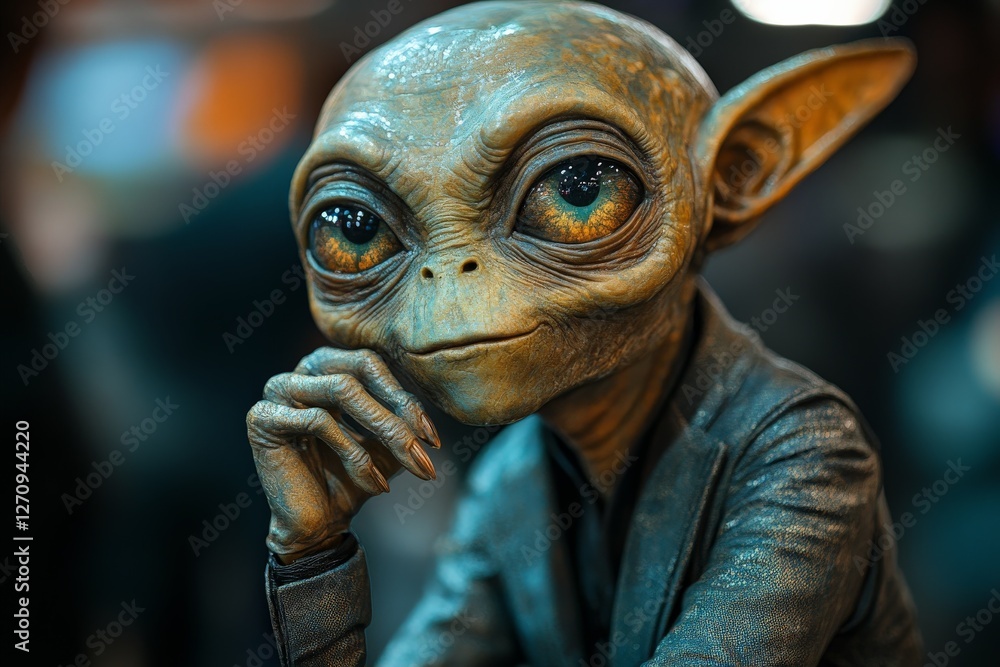 Poster alien character with expressive eyes posing thoughtfully in a modern setting