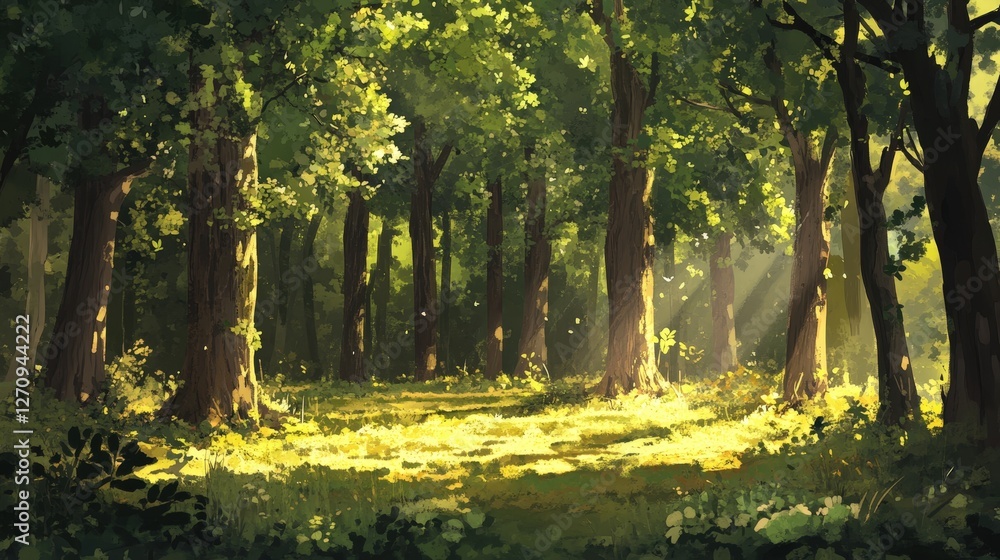 Poster a serene forest with tall trees, their leaves rustling in the breeze, sunlight filtering through the