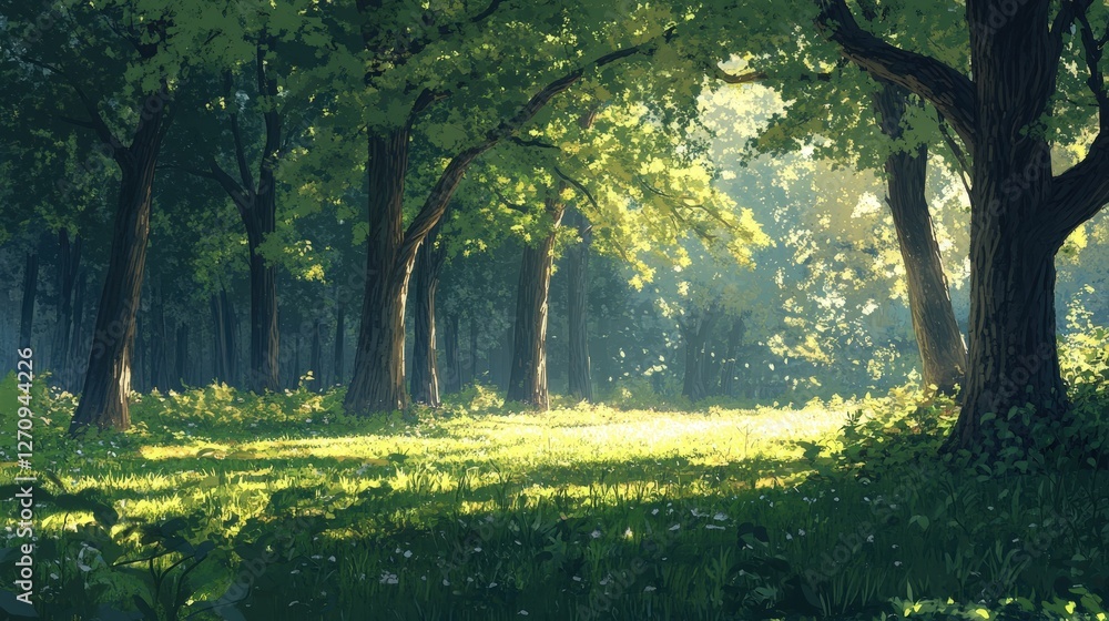 Poster a serene forest with tall trees, their leaves rustling in the breeze, sunlight filtering through the