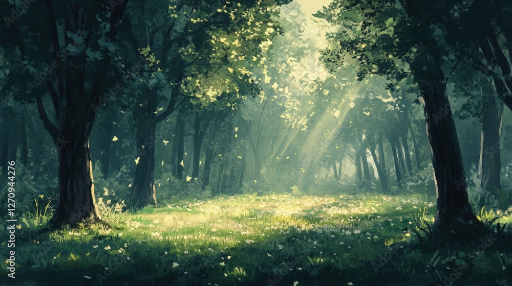 Poster a serene forest with tall trees, their leaves rustling in the breeze, sunlight filtering through the