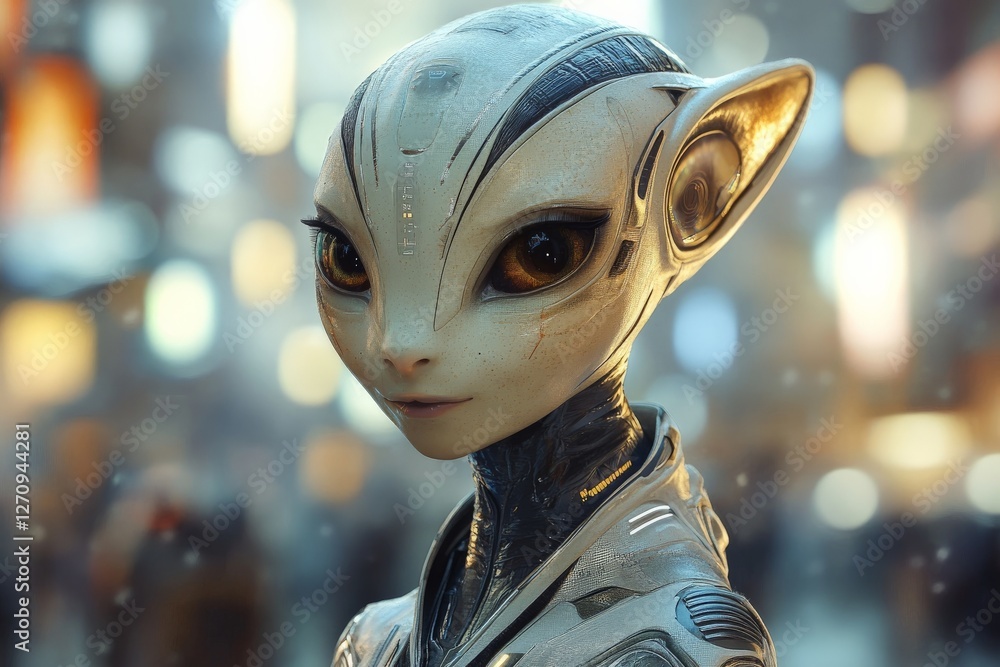 Poster futuristic alien character with striking features in a vibrant urban setting at twilight