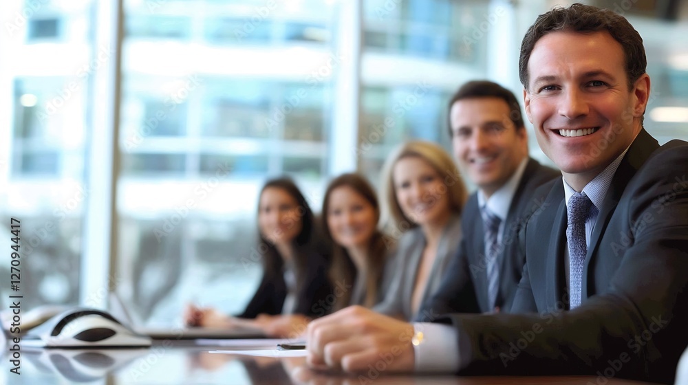 Poster professional group of smiling business people in a modern conference room setting engaging in discus