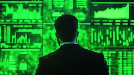 Analyzing data streams, Cybersecurity professional amidst glowing interface