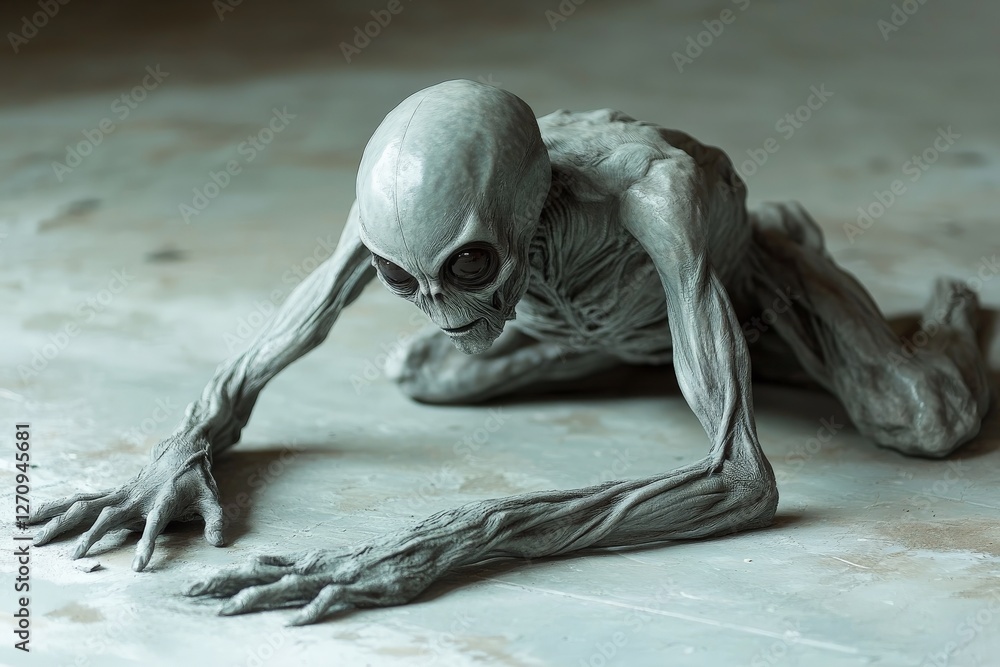 Poster mysterious creature crawling on a dull floor in an abandoned building during dim lighting