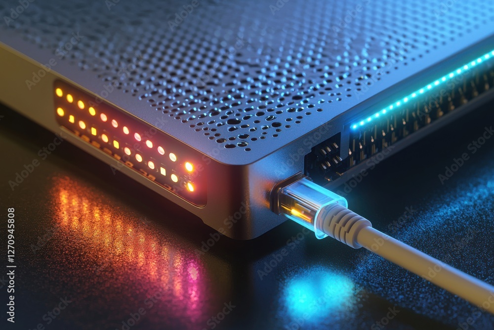 Poster illuminated network device with glowing led lights and connected ethernet cable signifies modern con