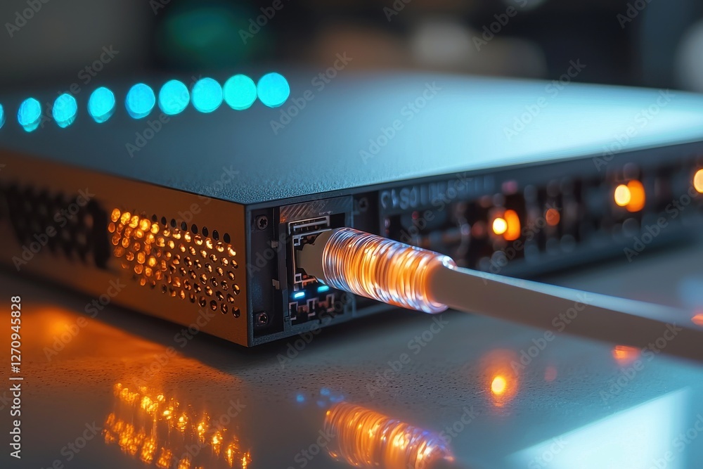 Poster close-up of a network switch with connected cable, illuminated by indicator lights, showcasing conne