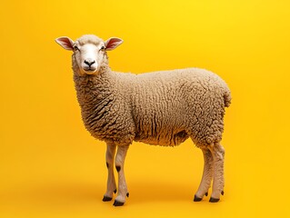Fototapeta premium Playful sheep pose against bright yellow background in creative photography studio