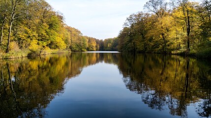 Autumn lake reflecting colorful trees and a clear blue sky in a peaceful setting : Generative AI