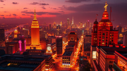 Fototapeta premium Fiery Cityscape at Sunset A Dramatic Urban Panorama