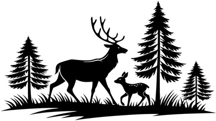 Detailed deer silhouette illustration of a stag and fawn walking through a tranquil pine forest scene

