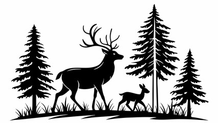 Minimalist silhouette illustration of a deer and fawn in a forest landscape with tall evergreen trees