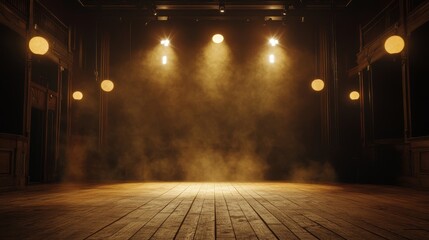 Vintage theatre stage, warm lighting, atmospheric scene, wooden floor, dramatic spotlight, historic setting, cinematic ambience