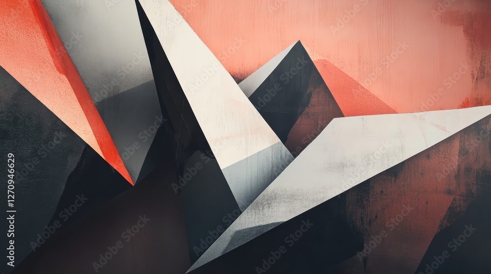 Poster bold, angular shapes in sharp contrasts of light and dark, creating a striking visual with a high-en