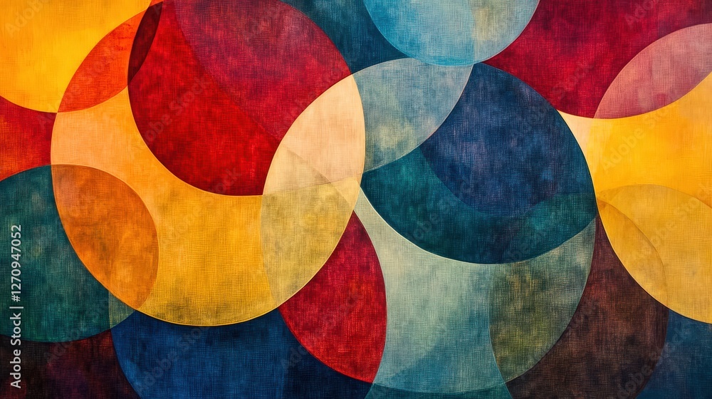 Poster colorful overlapping circles creating a visual ripple effect, blending hues of red, yellow, and blue
