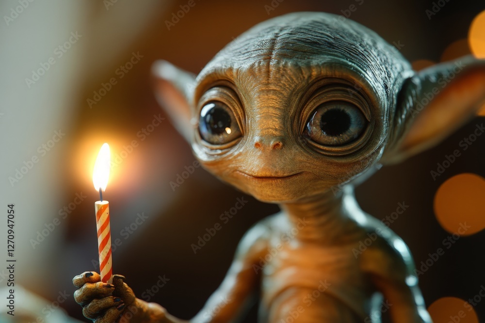 Poster sculpted creature holding a candle in an intimate setting with warm lighting and a joyful expression