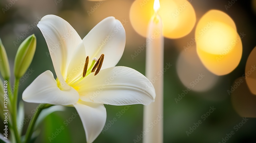 Poster beautiful white lily flower illuminated by candlelight creating a serene and calming ambiance : gene