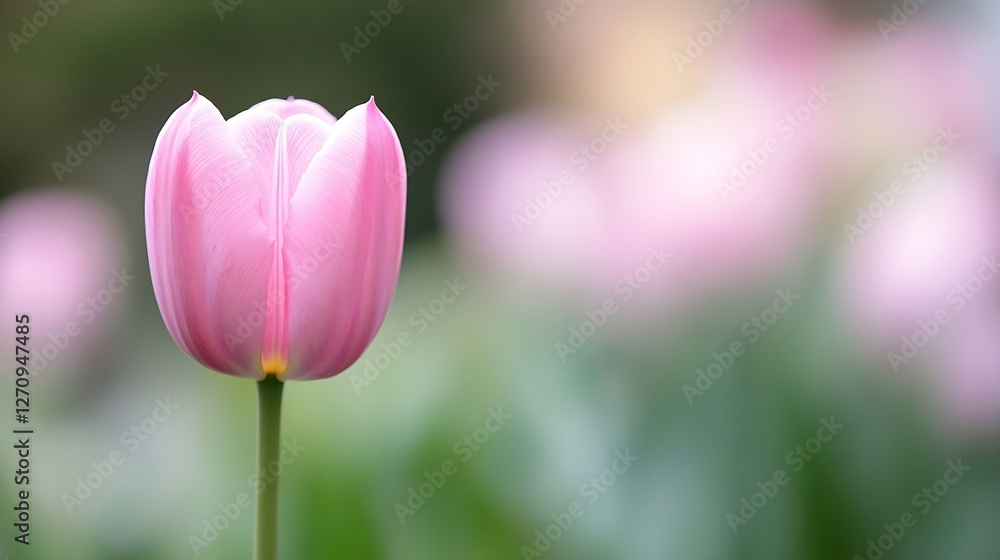 Poster charming pink tulip standing tall amidst blurred vibrant blooms creating a delightful spring atmosph