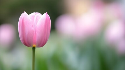 Charming pink tulip standing tall amidst blurred vibrant blooms creating a delightful spring atmosphere : Generative AI