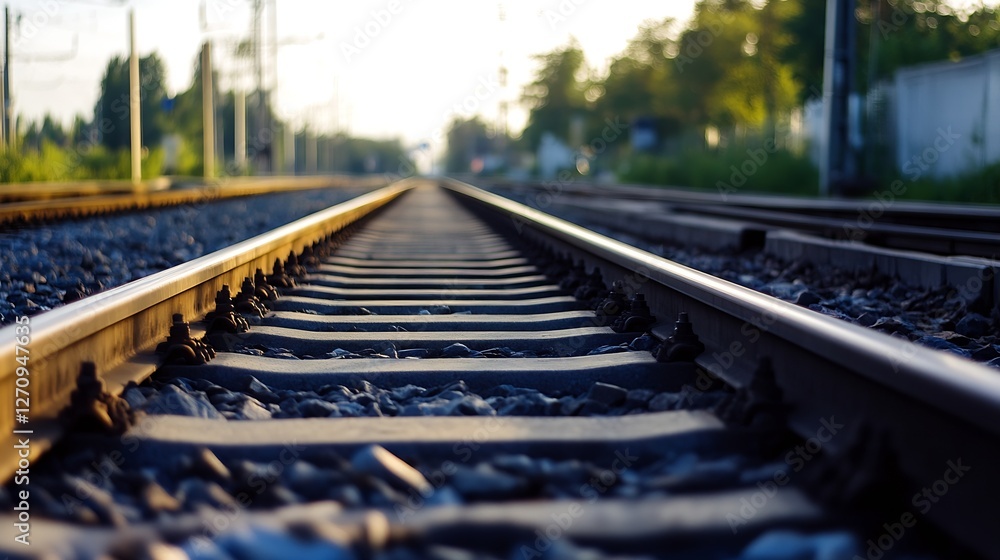 Aufkleber dramatic perspective view down a railway track leading into a soft sunset scene : generative ai