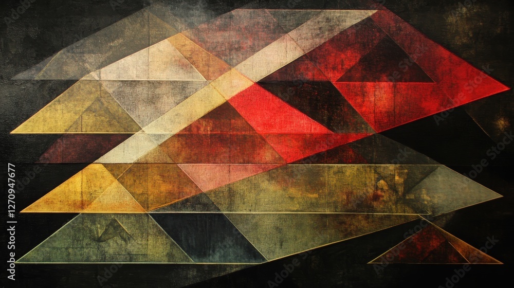 Poster overlapping, translucent triangles and rectangles, each slightly rotated and layered to create a fee