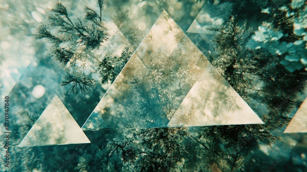 Poster overlapping, translucent triangles and rectangles, each slightly rotated and layered to create a fee