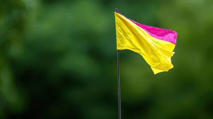 Yellow and Pink Flag Blowing in the Wind Against a Green Background