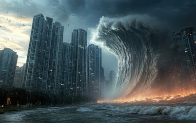 A massive tsunami wave towering over skyscrapers
