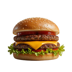 Transparent background in a Delicious Double Cheeseburger with Fresh Lettuce, Juicy Beef Patties, Melted Cheese, Sliced Tomatoes, Red Onions, and a Sesame Seed Bun – Perfect for Burger Lovers