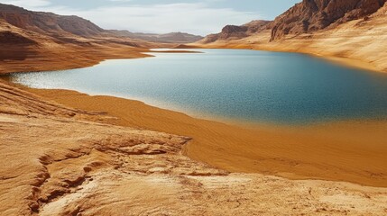 A shrinking lake in a desert region, with water levels dropping drastically.
