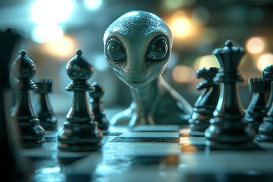 Alien creature plays chess, showcasing strategic thinking in a futuristic setting with dramatic lighting